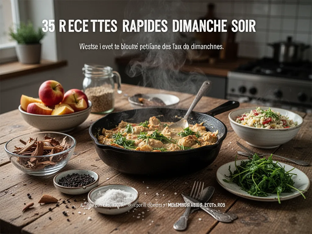 Table de cuisine avec plusieurs petites assiettes de dîner du dimanche soir : croque, salade, pâtes, saumon et dessert au