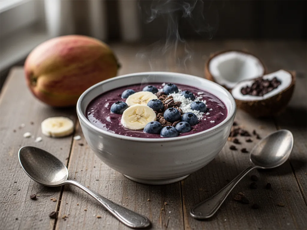 Bol d'açaï épais surmonté de granola, rondelles de banane, graines de chia et copeaux de noix de coco, avec une cuillère