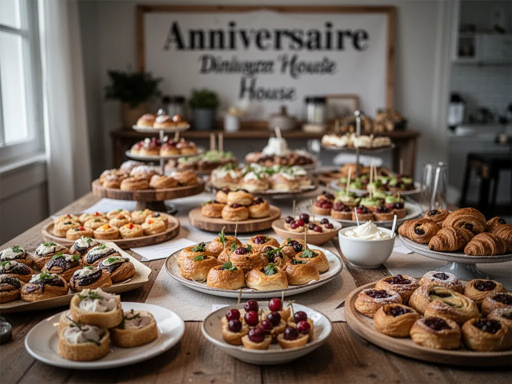 Table d’anniversaire dressée en buffet dînatoire maison avec bouchées salées, cakes tranchés, verrines, brochettes et gâteau