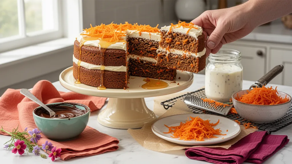 Tranche de carrot cake au glaçage cream cheese posée sur une assiette, on voit les éclats de noix et des filaments de carotte