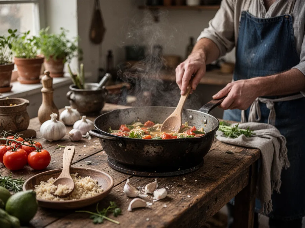 Cuisine bohème avec étagères ouvertes en bois brut, suspensions en rotin, plantes vertes et vaisselle en céramique