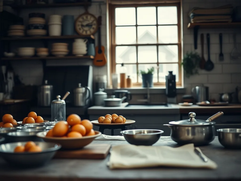 Cuisine au style industriel vintage avec meubles en bois et métal, étagères ouvertes, éclairage suspendu, crédence en briques