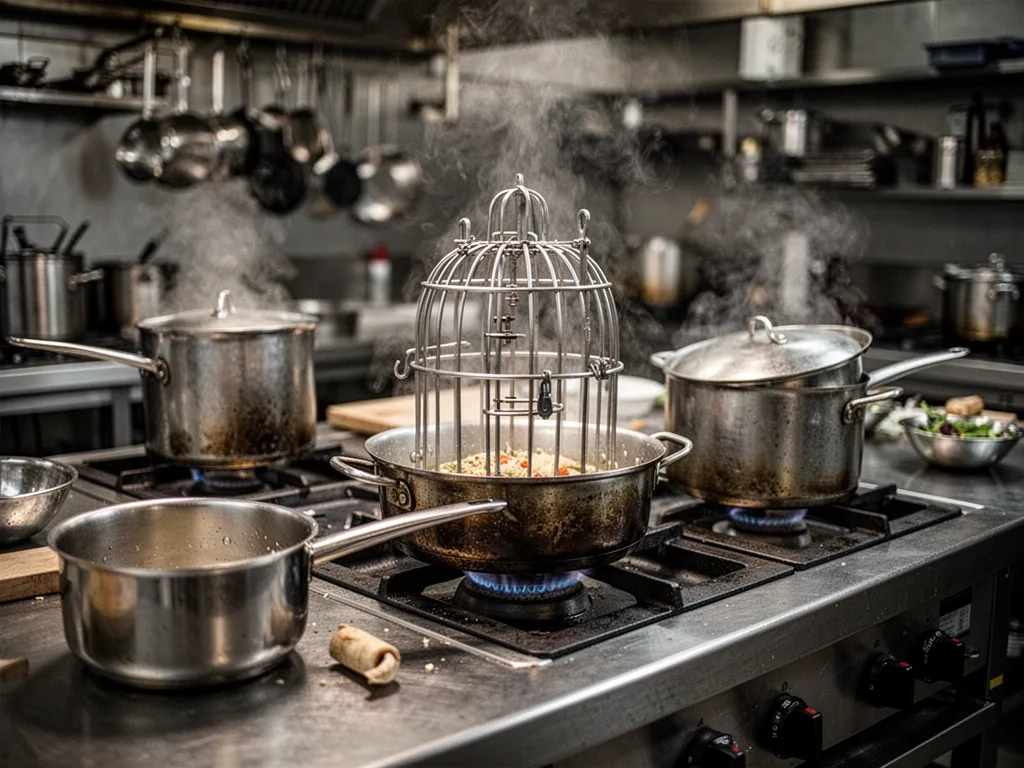 Une cuisine style industriel avec un îlot central en bois et acier, des suspensions en métal, un plan de travail en béton et