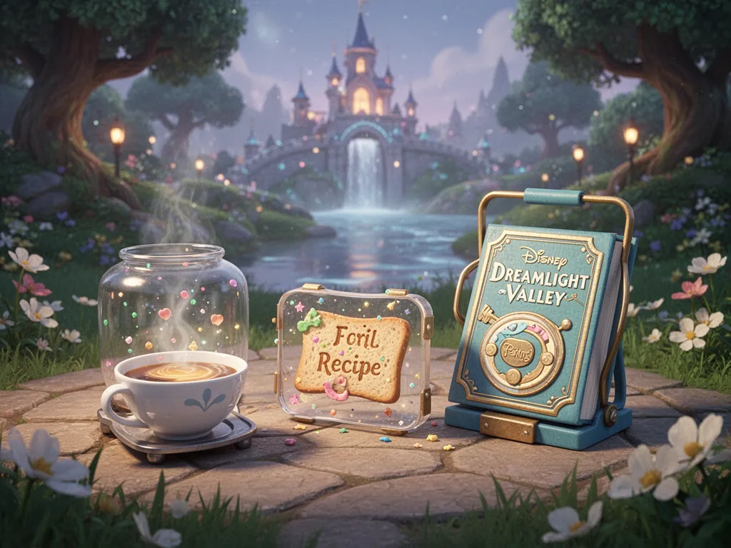 Capture d'écran du jeu Disney Dreamlight Valley montrant l'interface de cuisine avec une liste de recettes et des ingrédients