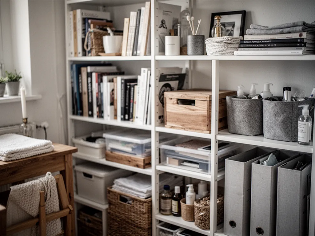 Salon et cuisine rangés avec produits d'entretien, chiffons microfibre, aspirateur et panier de rangement posés près d'une