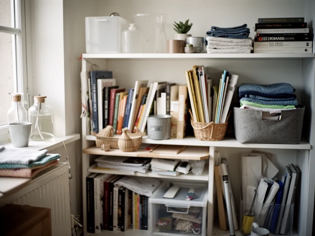 Un intérieur ordonné avec un planning de ménage sur le frigo, des produits naturels sur le plan de travail et un aspirateur