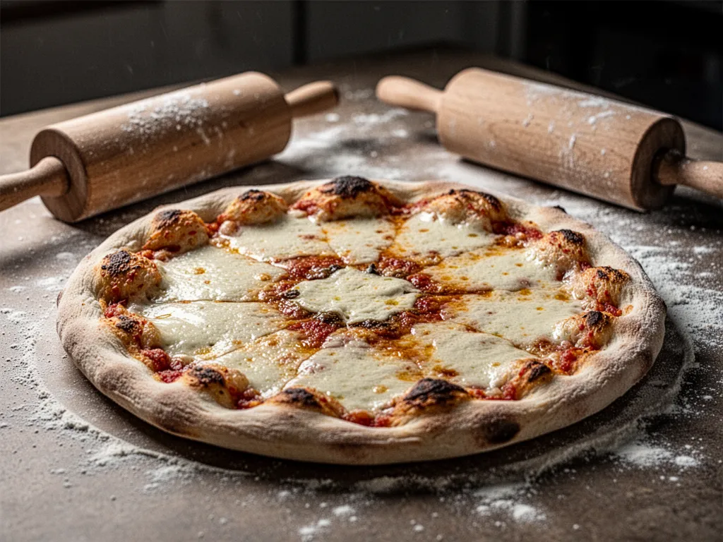 Une pâte à pizza sans gluten étalée sur du papier cuisson avec un bol de farine, de l'huile d'olive et une garniture tomate