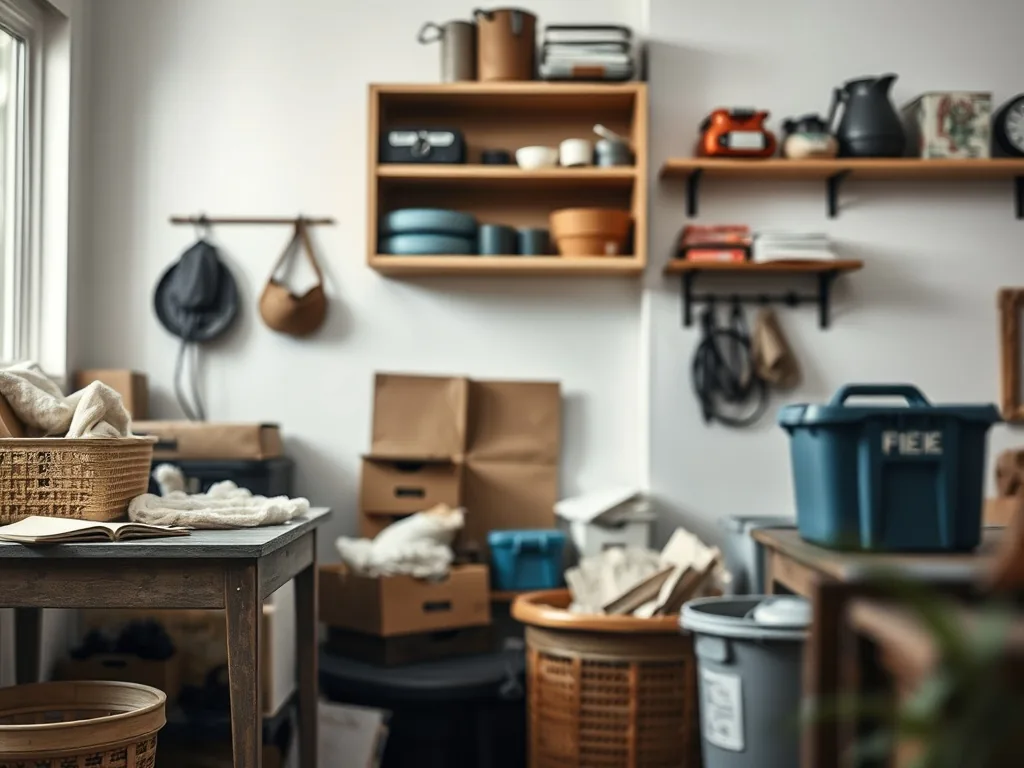 Intérieur de maison organisé avec étagères ouvertes, paniers en osier, bocaux alignés et plan de travail dégagé, dans une