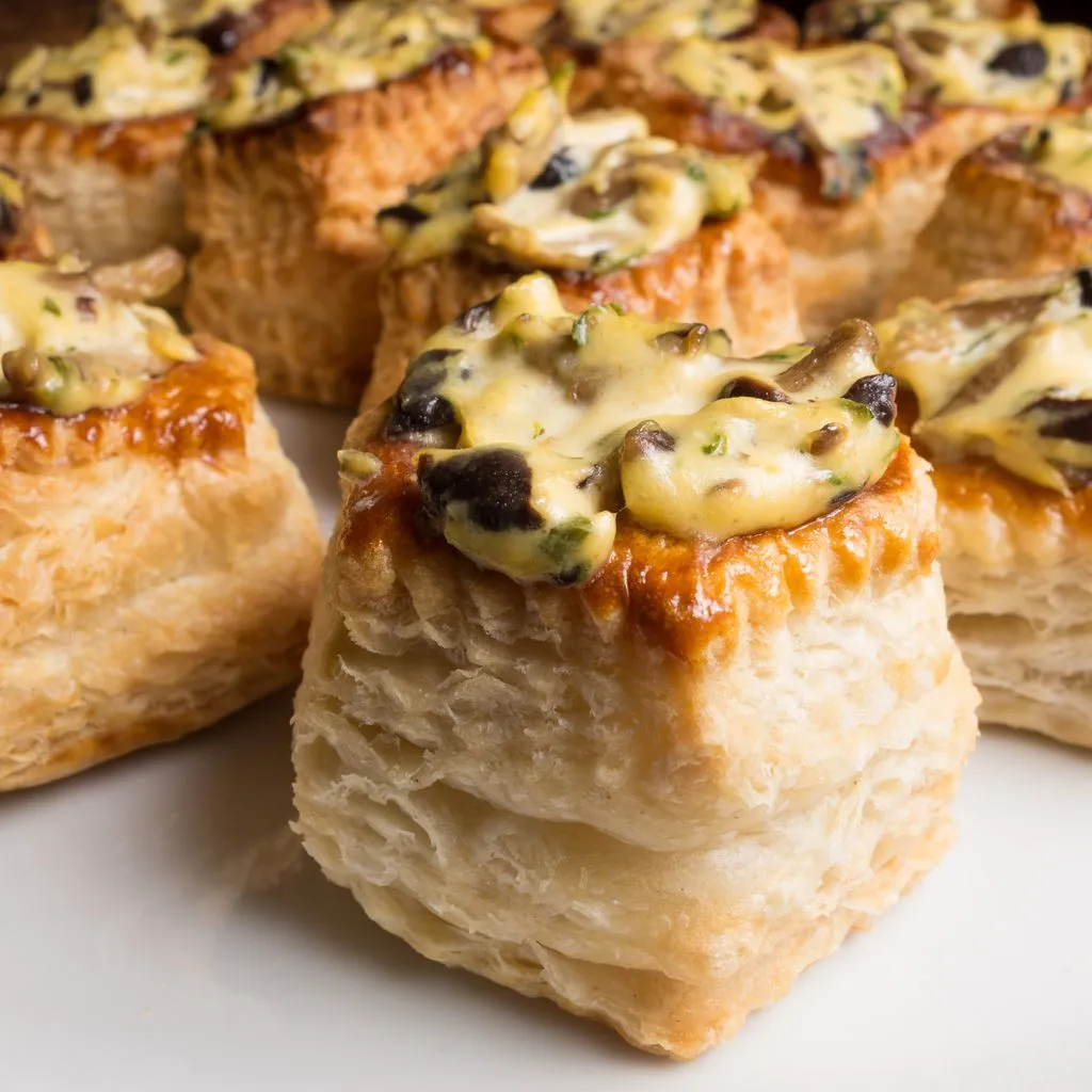 Vol-au-vent doré à la sortie du four, croûte feuilletée ouverte laissant voir une garniture crémeuse de volaille et