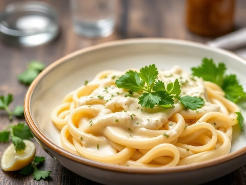 Assiette de fettuccine nappée de sauce Alfredo crémeuse, avec copeaux de parmesan et persil frais, cuillère en bois posée à