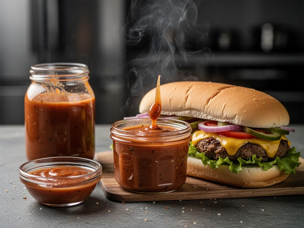 Un bol de sauce Biggy maison crémeuse et légèrement orangée, entouré des ingrédients : mayonnaise, ketchup, cornichons